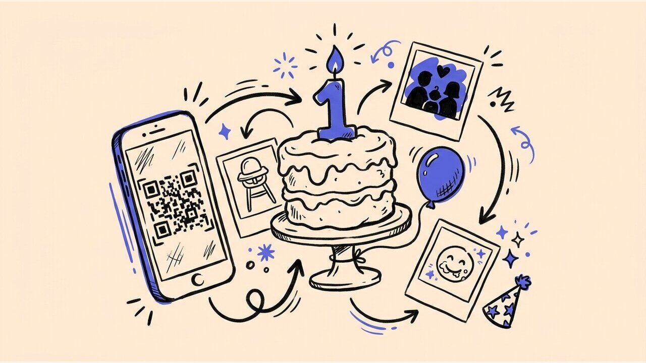 Doodle of a first birthday cake, QR code phone, balloons, and instant photo cards
