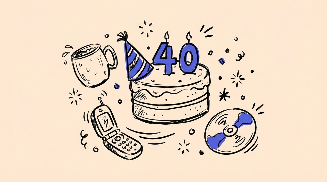 Doodle of a birthday cake with 40 candles surrounded by a copper mug, flip phone, party hat, and burned CD