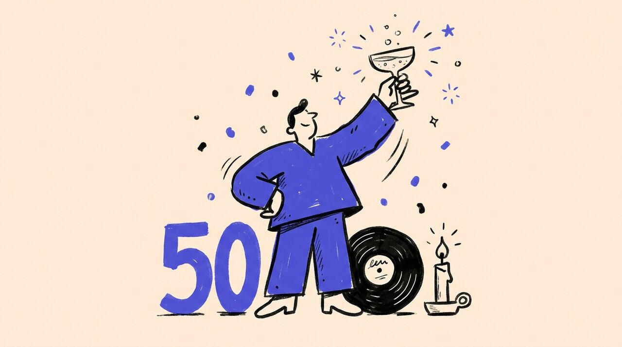 Hand-drawn doodle of a figure raising a champagne glass beside a bold 50, vinyl record, and candle with sparkle marks