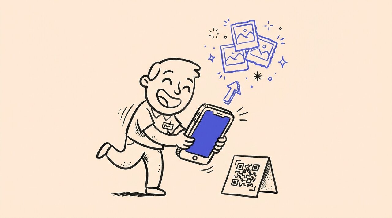 Hand-drawn doodle of a reunion-goer scanning a QR code with a phone as photo frames float upward