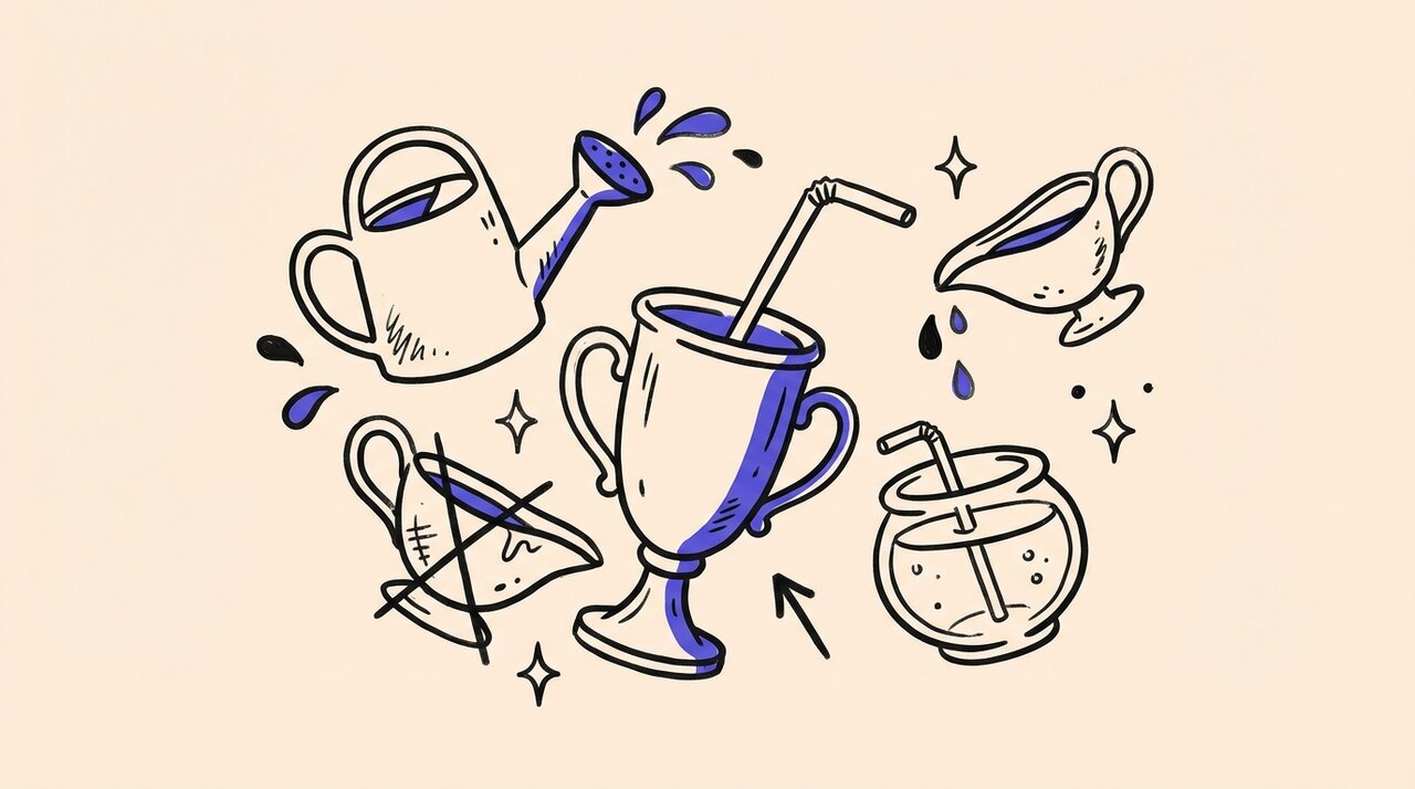 Hand-drawn doodle of quirky drinking vessels: watering can, trophy, gravy boats, and fish bowl with sparkles
