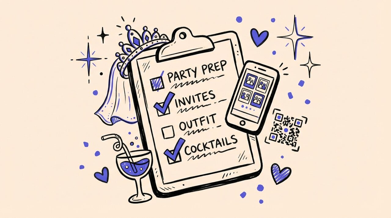 Hand-drawn doodle of a clipboard checklist with a phone, tiara, cocktail glass, and QR code
