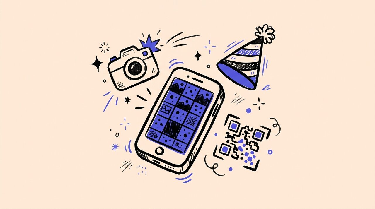 Hand-drawn doodle of a phone with photo grid, camera, QR code, and party hat floating with sparkle marks