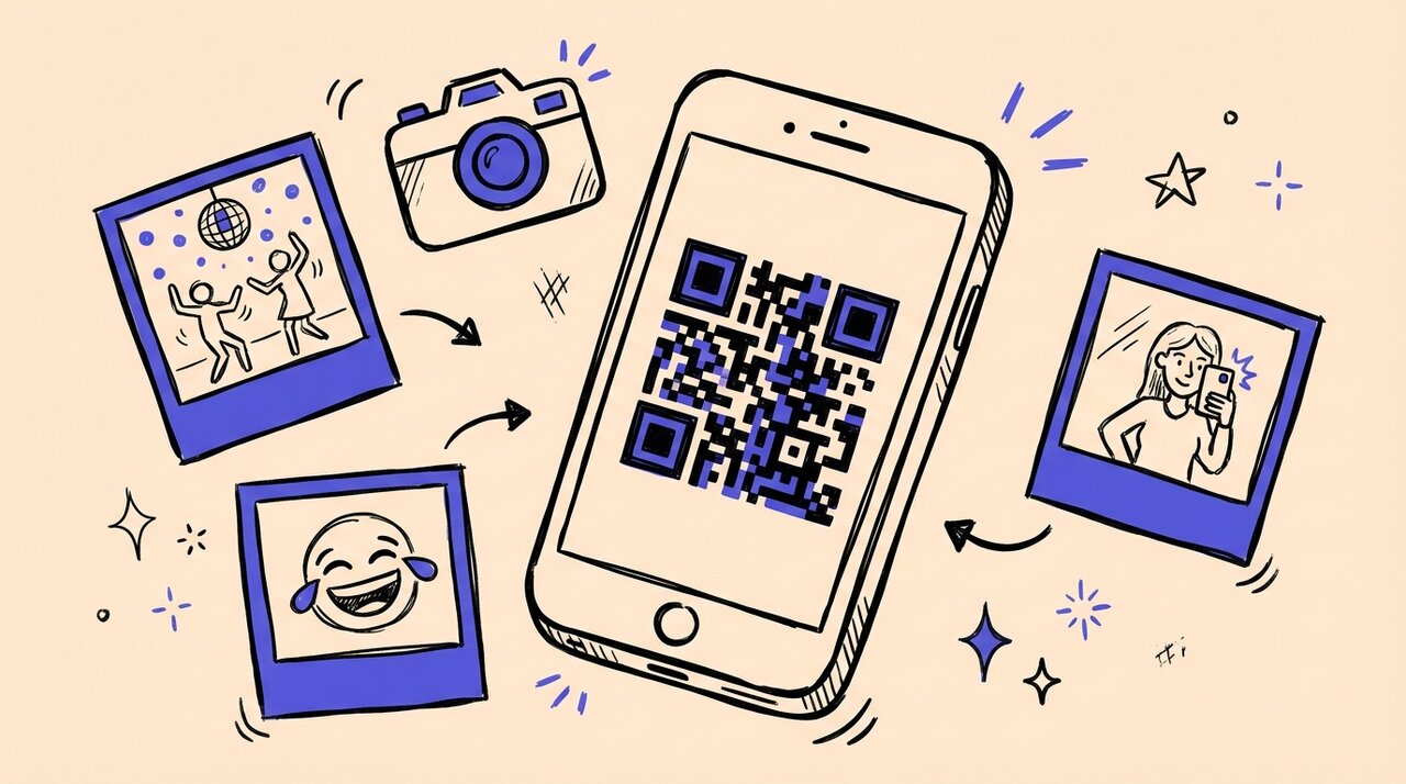 Doodle of a smartphone displaying a QR code surrounded by floating polaroid photos and a camera icon
