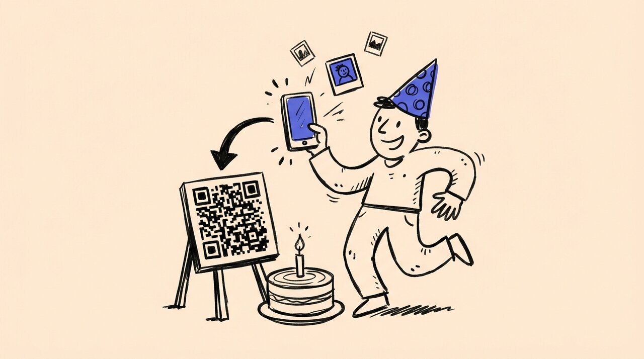 Doodle of a party guest in a hat scanning a QR code with their phone next to a birthday cake