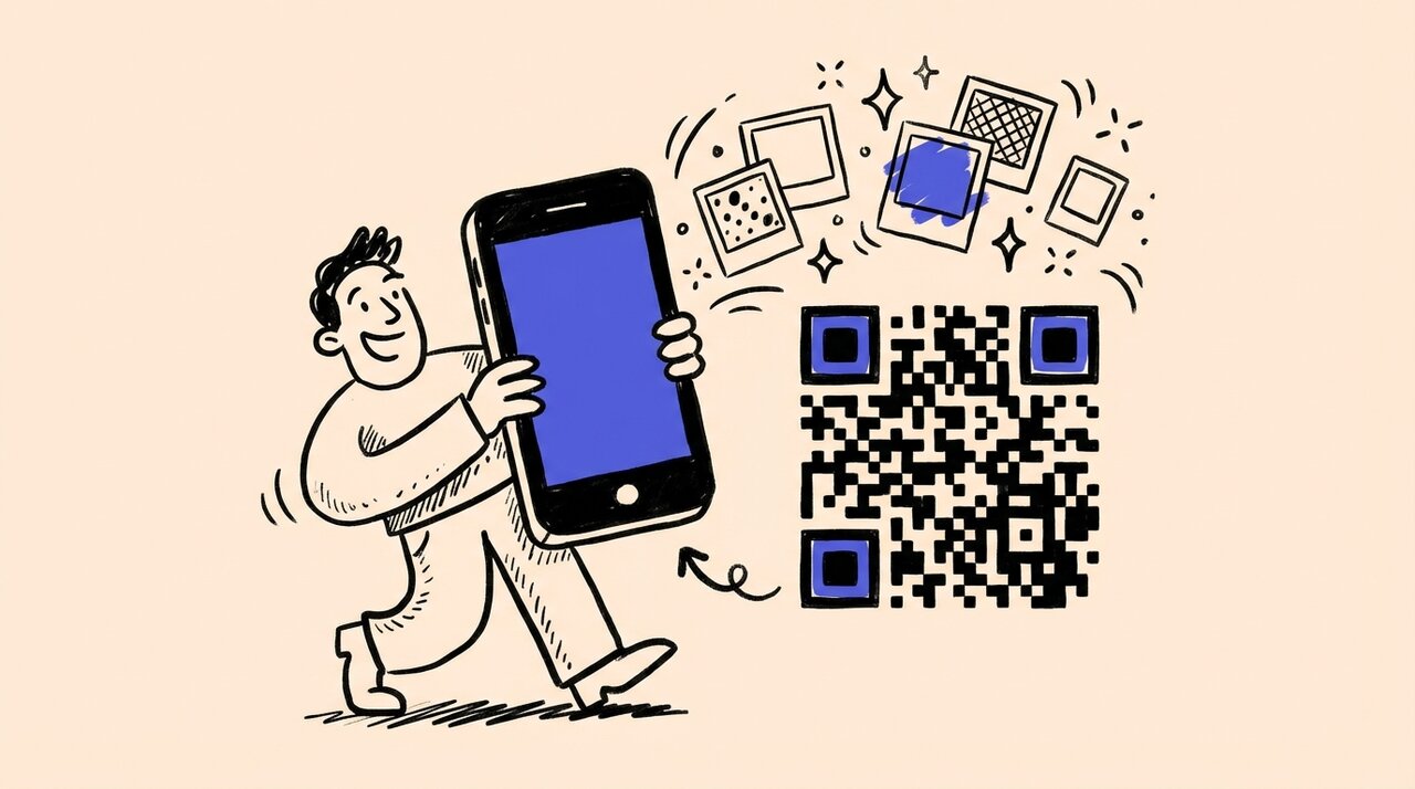 Doodle of a person holding a phone toward a QR code with photo frames bursting out and sparkle marks