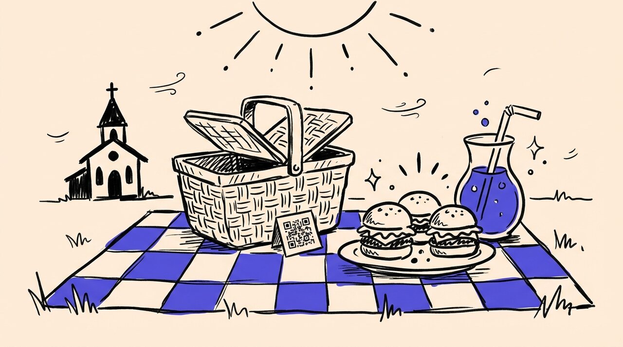 Hand-drawn doodle of a picnic blanket with a basket, sliders, and lemonade beside a small church silhouette