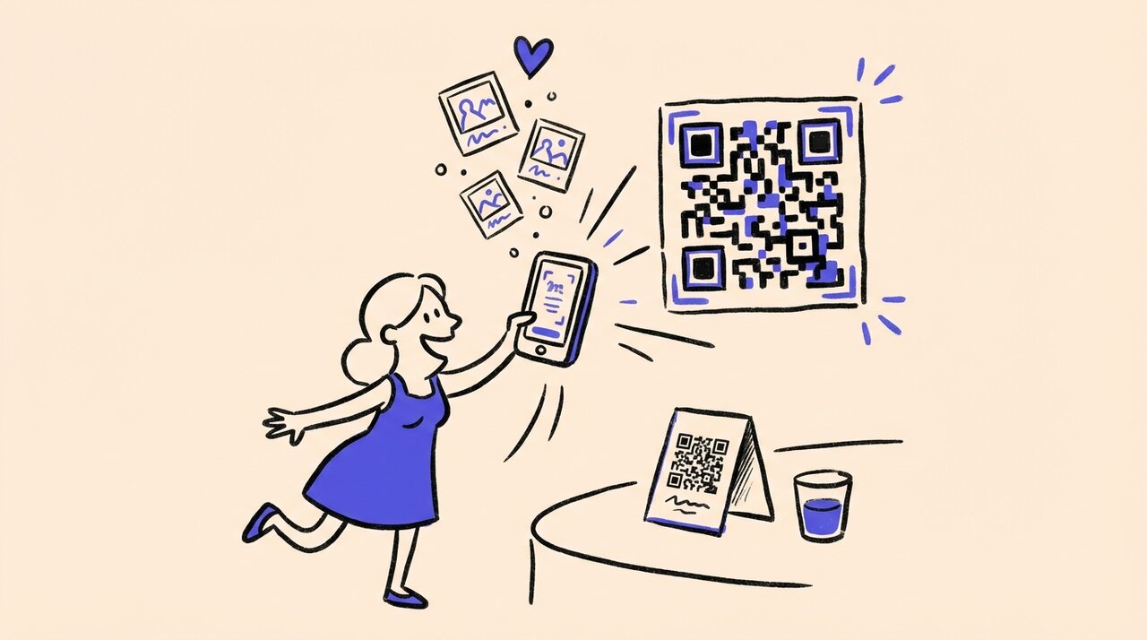 Hand-drawn doodle of a wedding guest holding up a phone to scan a QR code with tiny photos floating upward