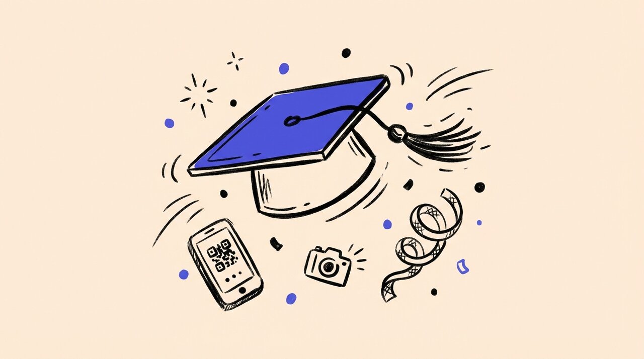 Hand-drawn doodle of a graduation cap tossed in the air with a phone showing a QR code, camera, and party streamer
