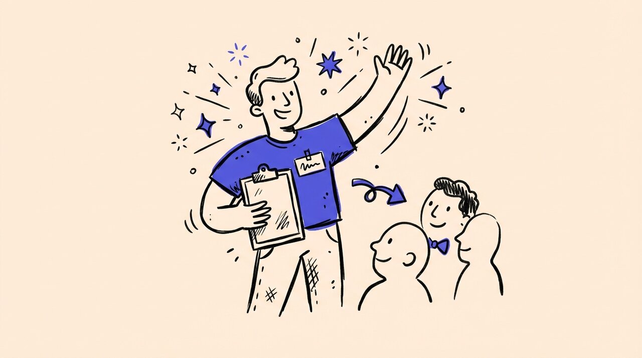 Hand-drawn doodle of a cheerful host with clipboard waving to a small group of attendees