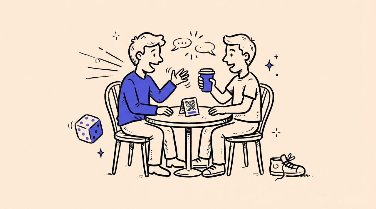 Doodle of two figures chatting at a cafe table with a board game die, sneaker, and QR code card