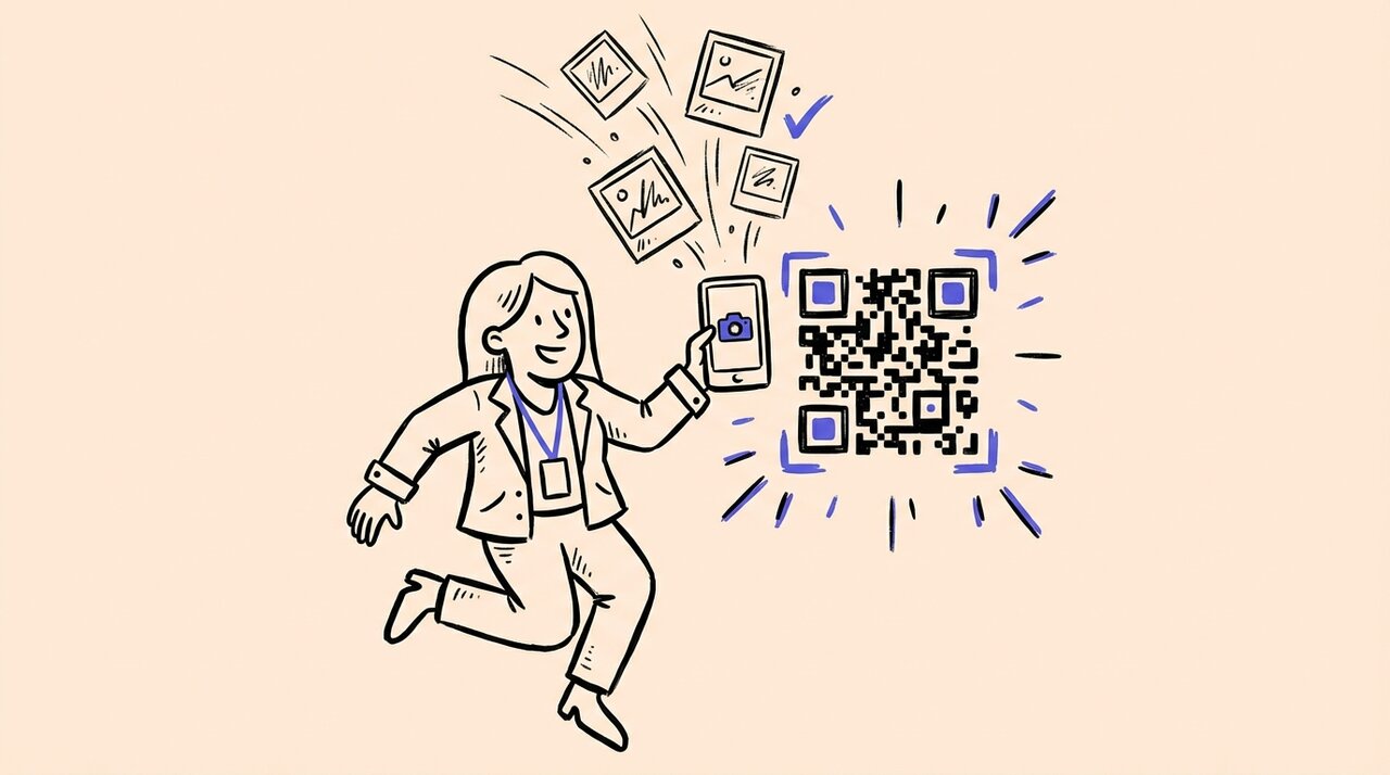 Hand-drawn doodle of a person scanning a QR code with their phone as photo frames float upward