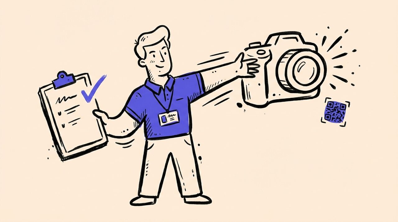 Doodle of an event organizer holding a clipboard and gesturing at a camera, with a QR code and spark marks
