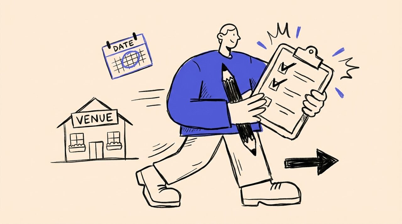 Hand-drawn doodle of a figure holding a clipboard with checkmarks, a small building and calendar icon nearby