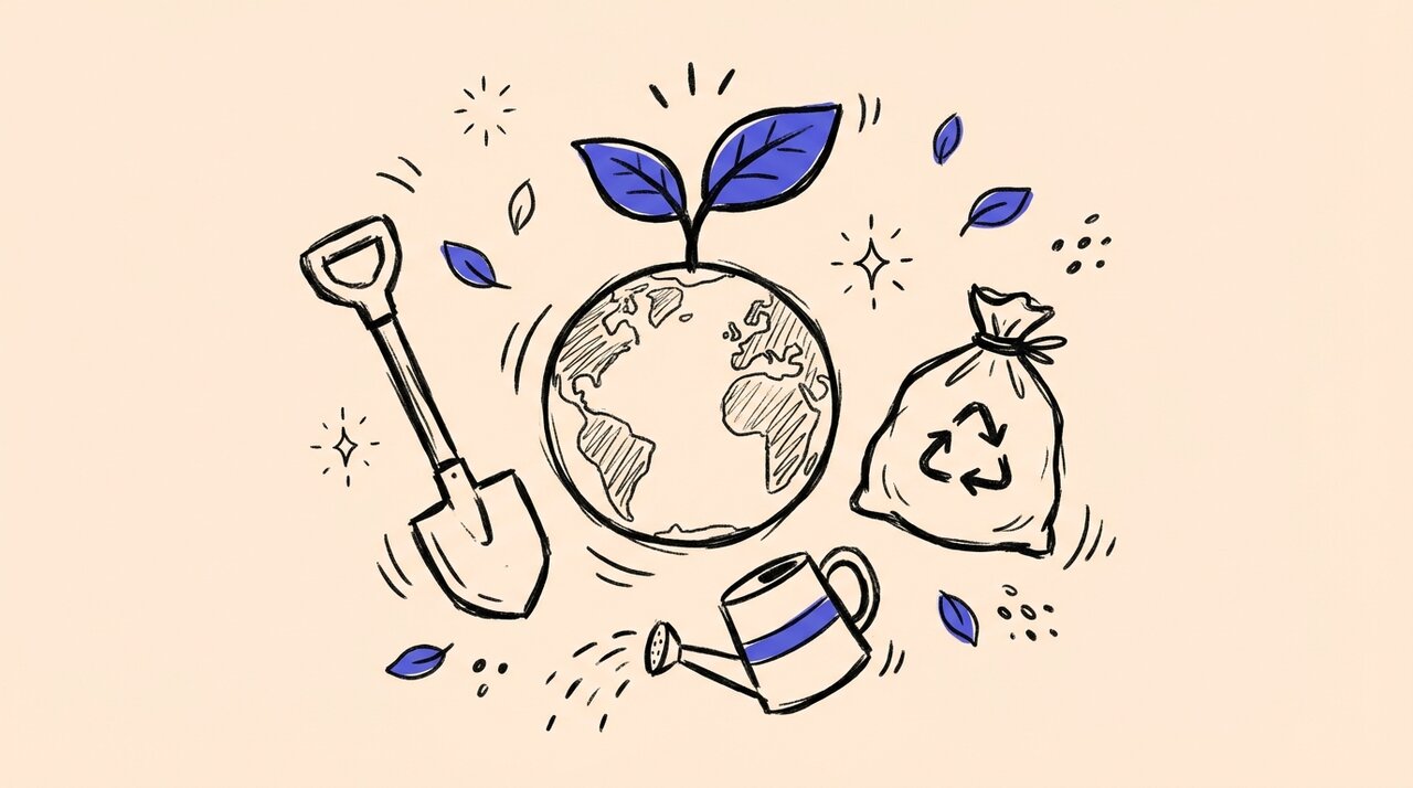 Hand-drawn doodle of Earth Day props: globe with seedling, shovel, recycling bag, and watering can