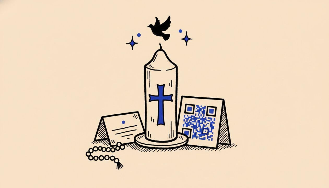 Doodle of a First Communion candle with cross, rosary, prayer card, QR code sign, and dove