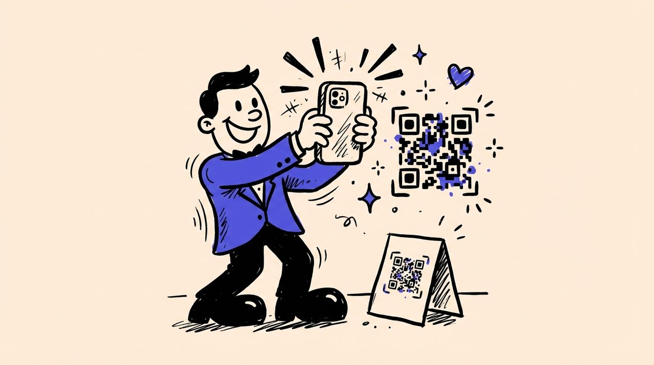 Hand-drawn doodle of a gala guest in a blue tuxedo holding up a phone next to a QR code table tent