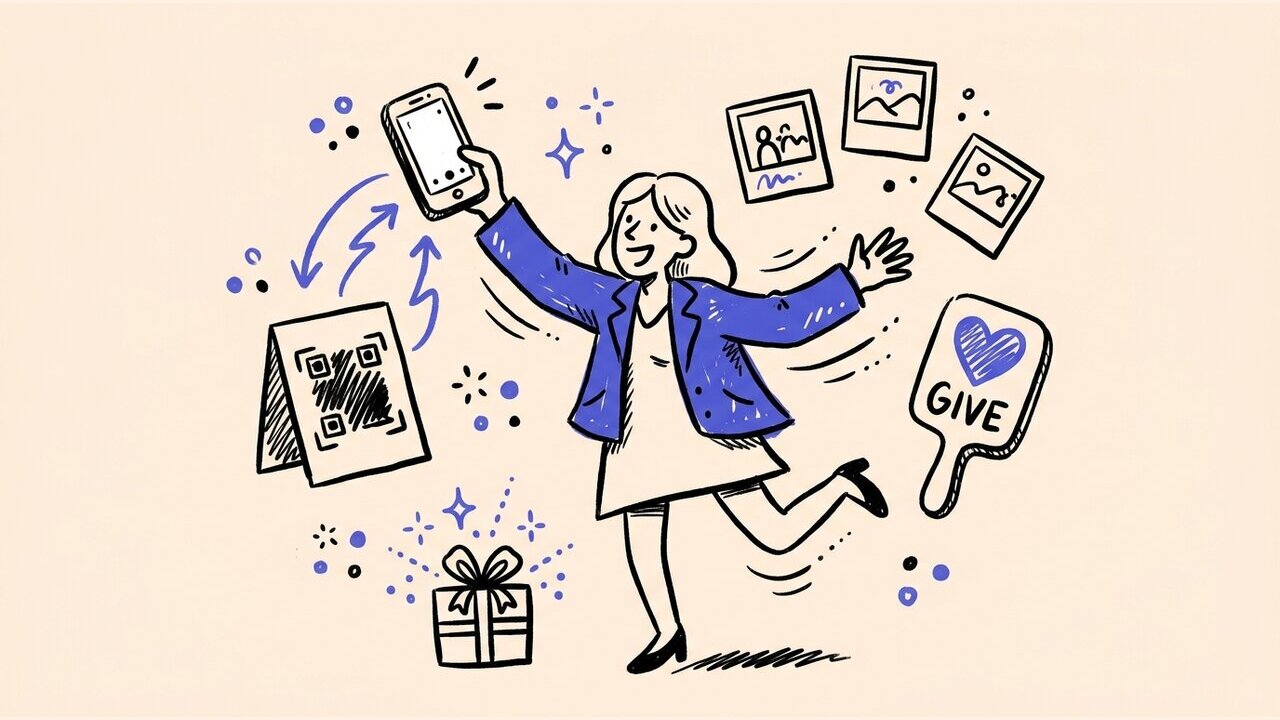 Hand-drawn doodle of a gala guest scanning a QR code with photos, a gift, and a GIVE paddle
