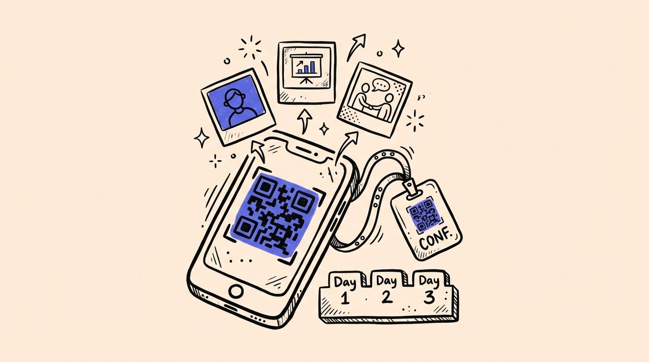 Doodle of a phone scanning a QR code with conference badge and photo thumbnails floating upward