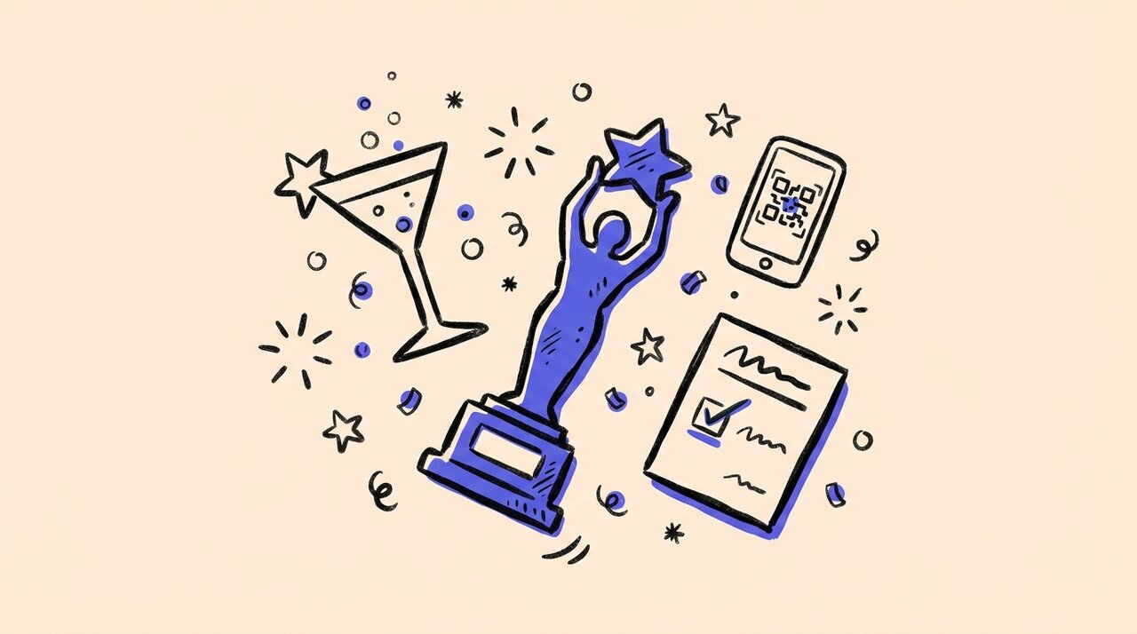 Doodle of award-night party props: a trophy, cocktail glass, prediction ballot, and phone with QR code