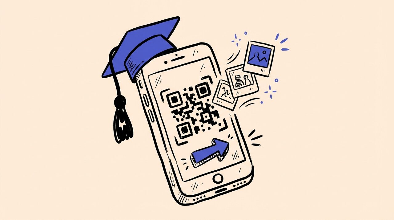 Hand-drawn doodle of a phone scanning a QR code with a graduation cap and floating photo frames