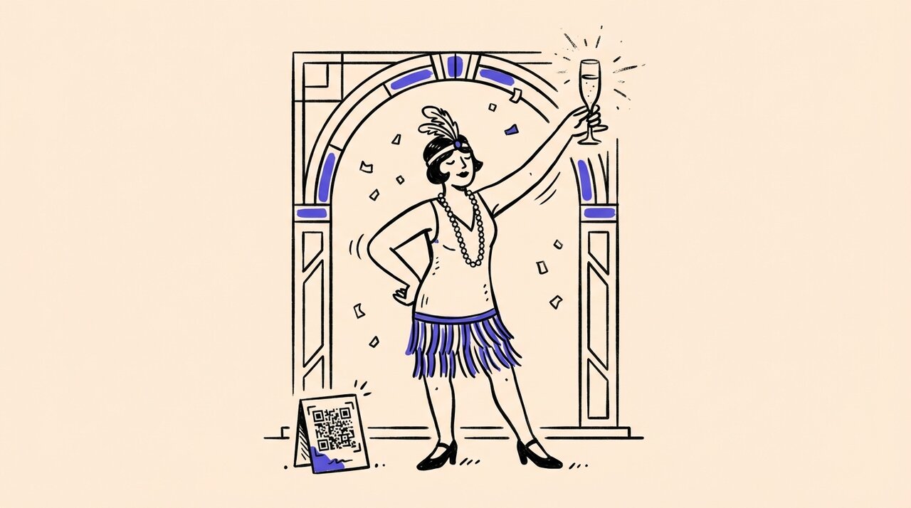 Doodle of a flapper posing with a champagne flute under an Art Deco arch next to a QR code sign