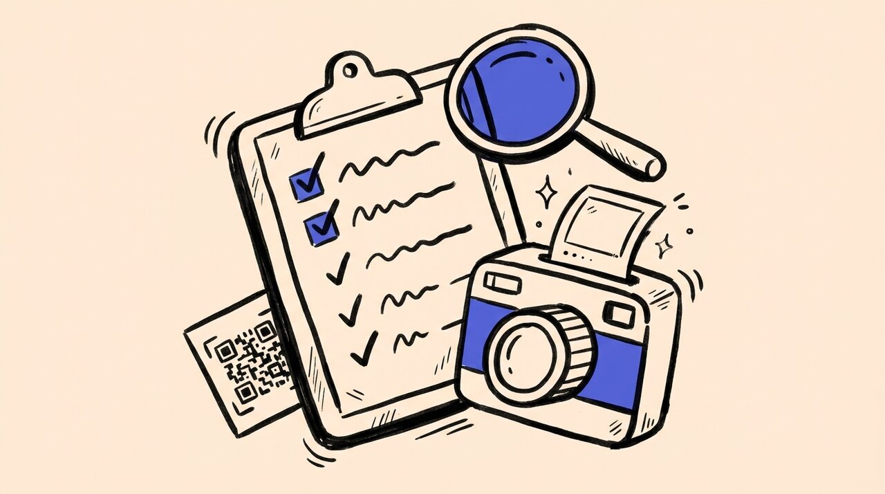 Doodle of a clipboard checklist, instant camera, QR code card, and magnifying glass