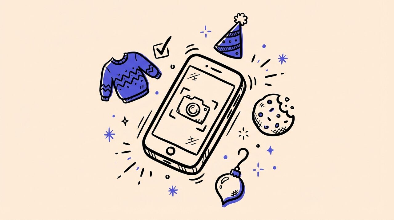 Hand-drawn doodle of a smartphone snapping photos surrounded by holiday props like a sweater, party hat, cookie, and ornament
