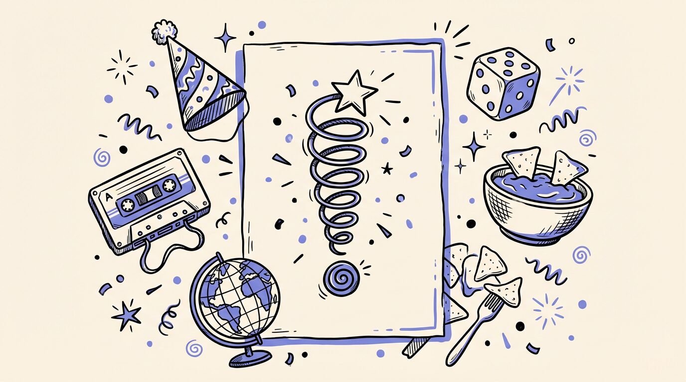 Hand-drawn doodle of a party invitation with a spring exclamation mark, surrounded by a party hat, cassette tape, globe, dice, and chips with dip