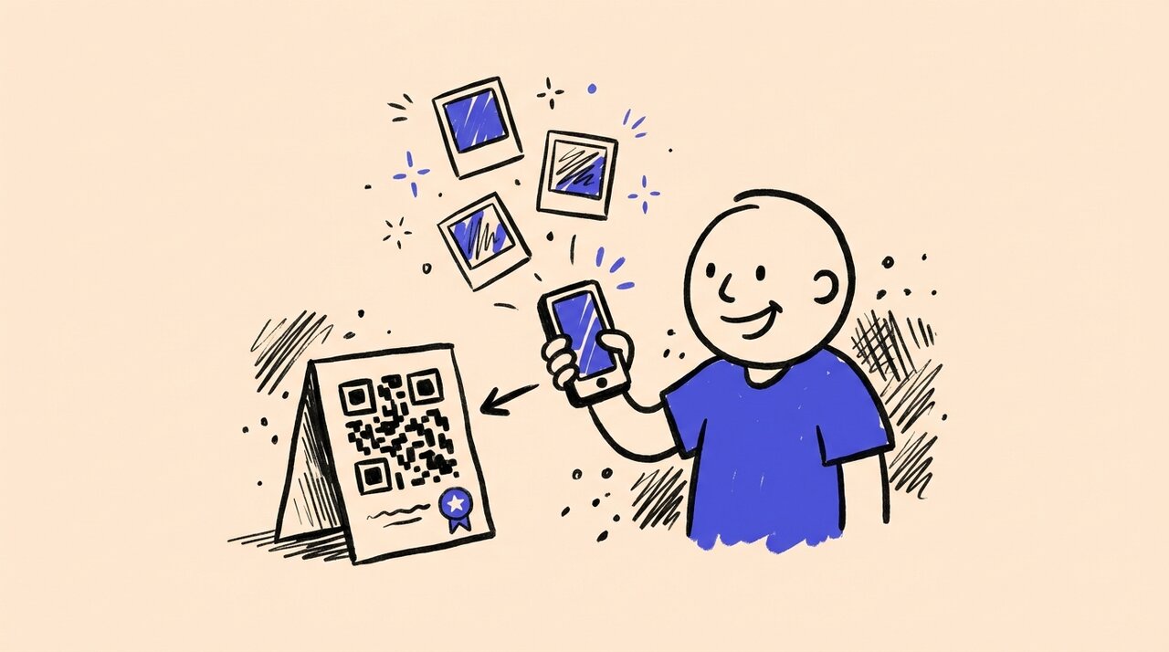 Doodle of a person scanning a QR code sign with their phone while polaroid photos float upward