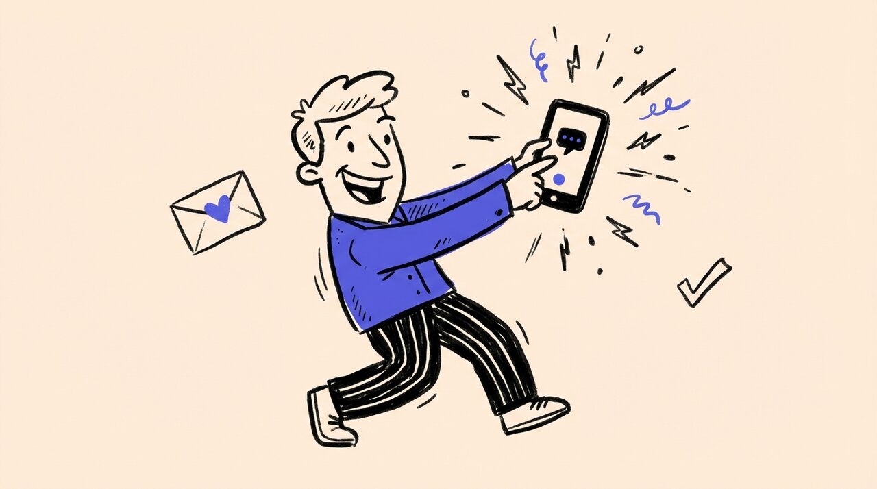 Hand-drawn doodle of a cheerful person holding up a phone with spark marks, a floating envelope with a heart, and a checkmark
