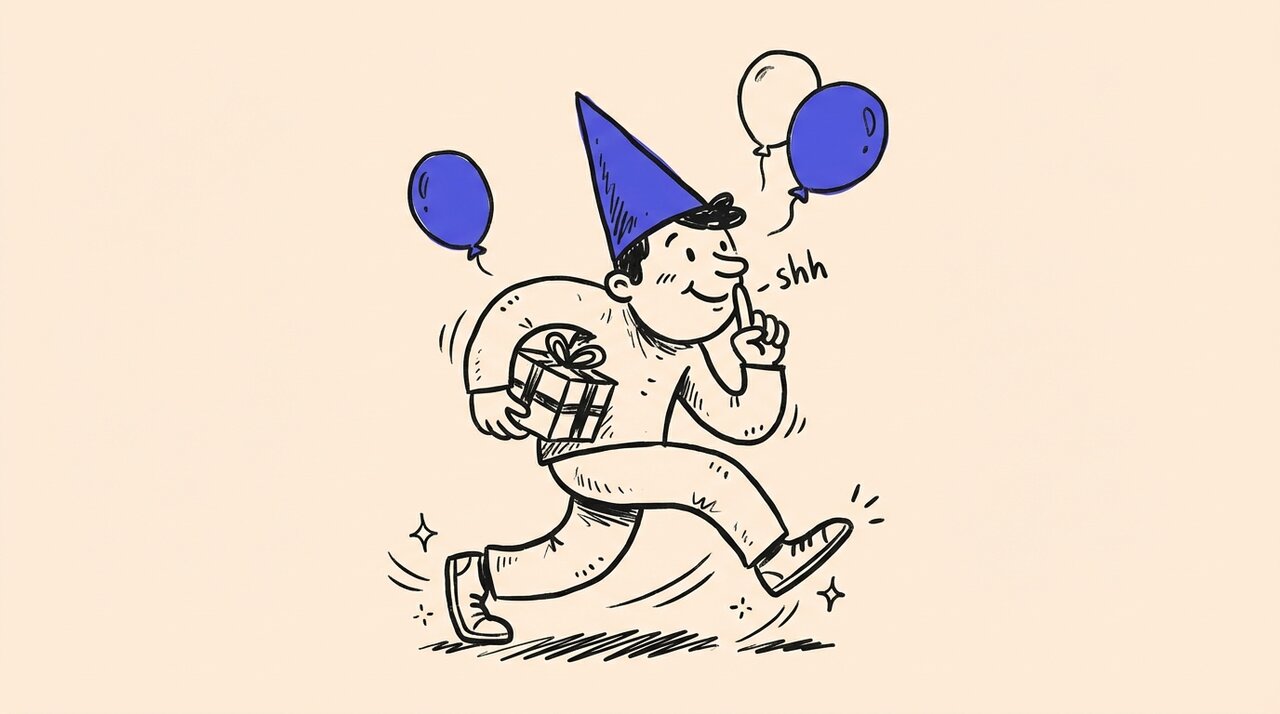 Hand-drawn doodle of a figure tiptoeing with a shhh gesture, party hat, gift box, and balloons