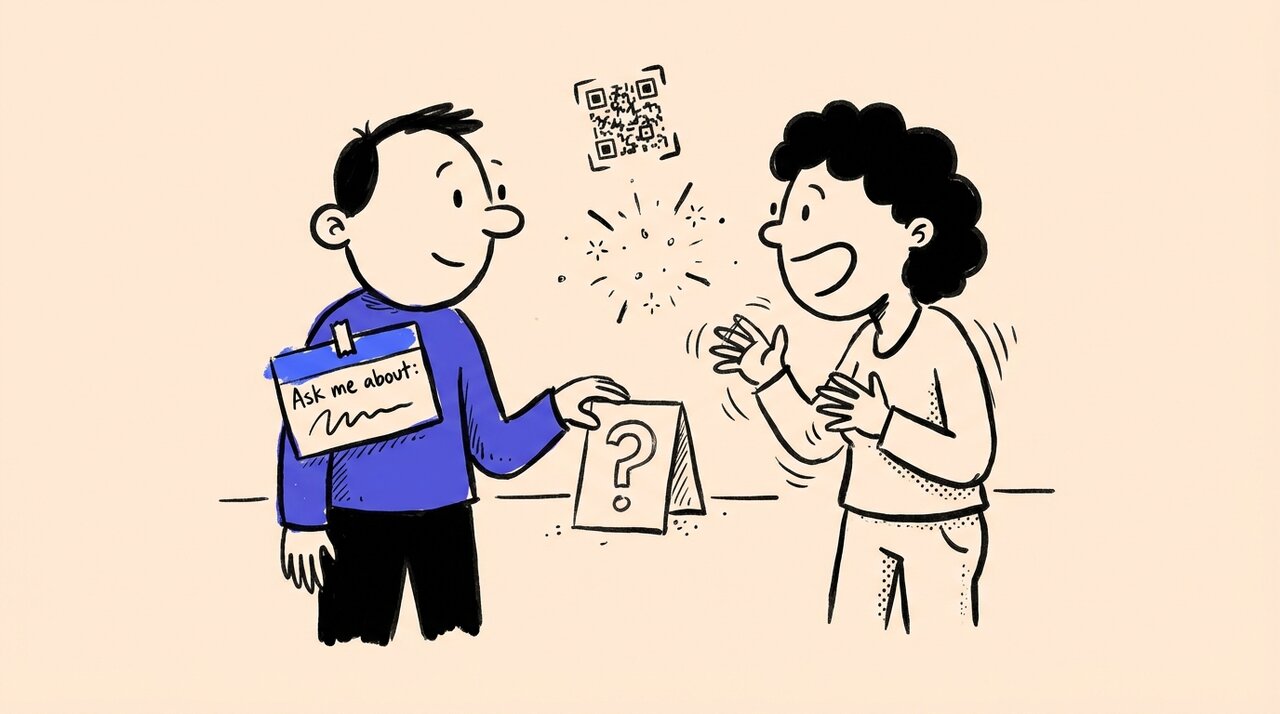 Hand-drawn doodle of two people chatting at a networking event with a name tag, question card, and QR code