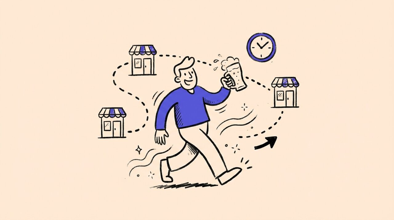Hand-drawn doodle of a person walking with a beer glass past three bars connected by a dotted route line