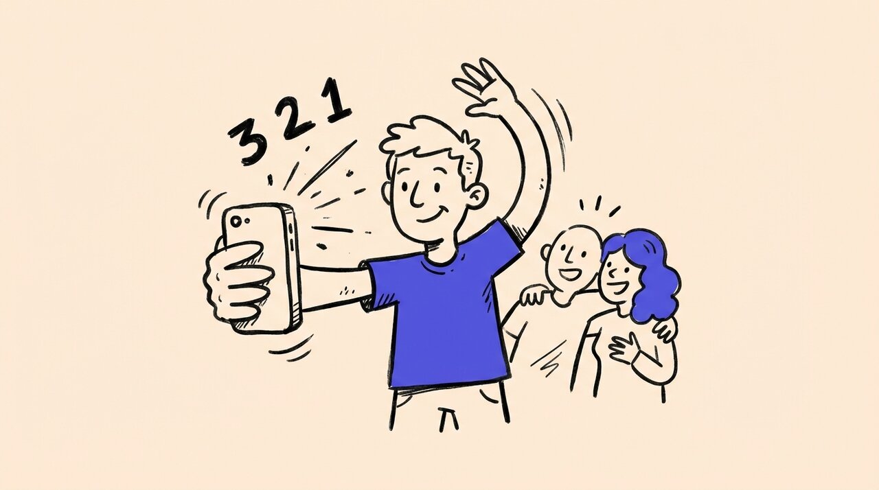 Hand-drawn doodle of a person holding up a phone for a group photo with friends huddling in