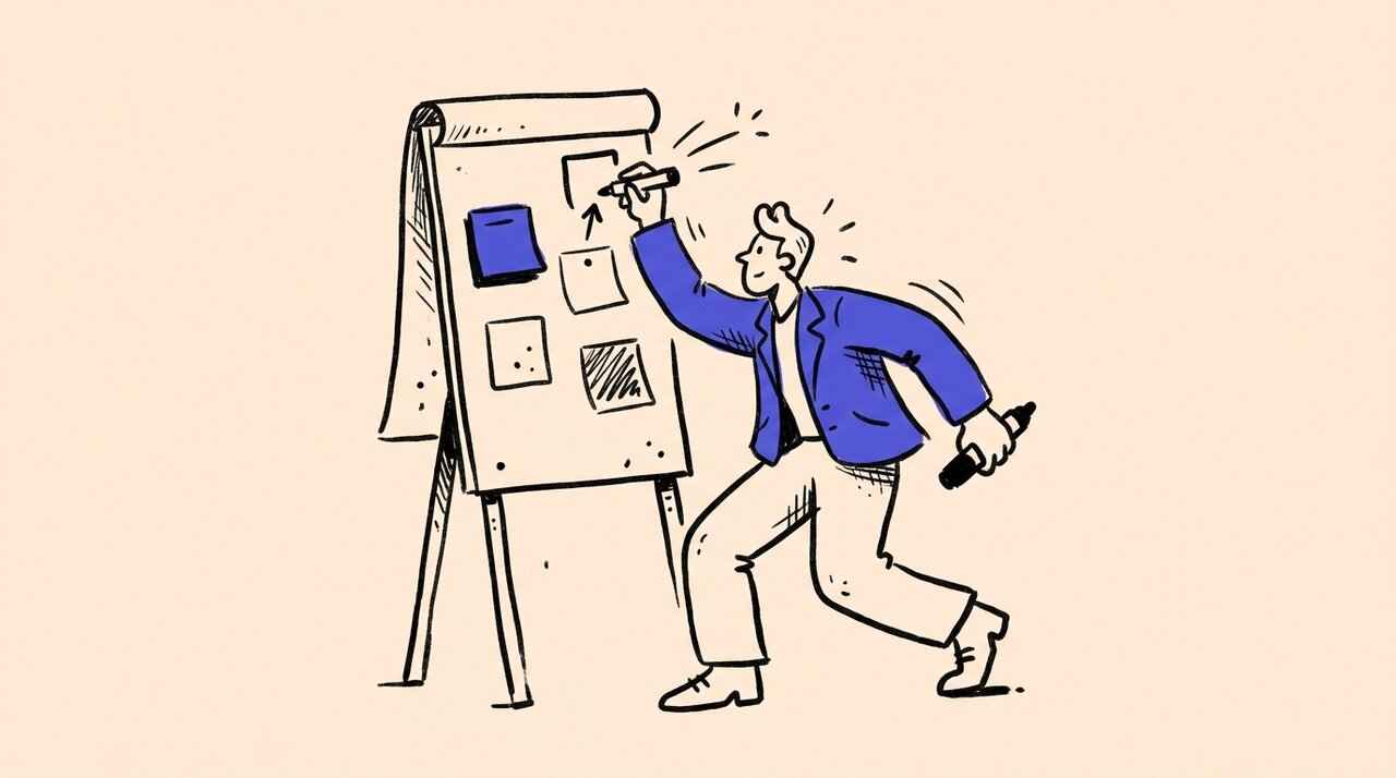 Hand-drawn doodle of a figure in a blue blazer posting sticky notes on a flip chart with spark marks
