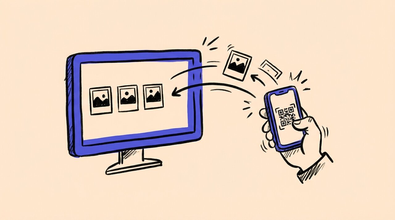 Doodle of a hand holding a phone with a QR code sending photos to a display screen via curved arrows