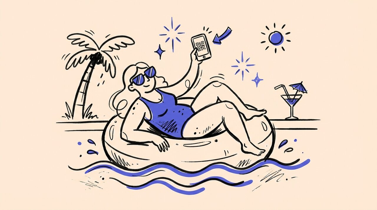 Hand-drawn doodle of a figure in sunglasses lounging on a pool float holding a phone with a QR code, palm tree and cocktail nearby
