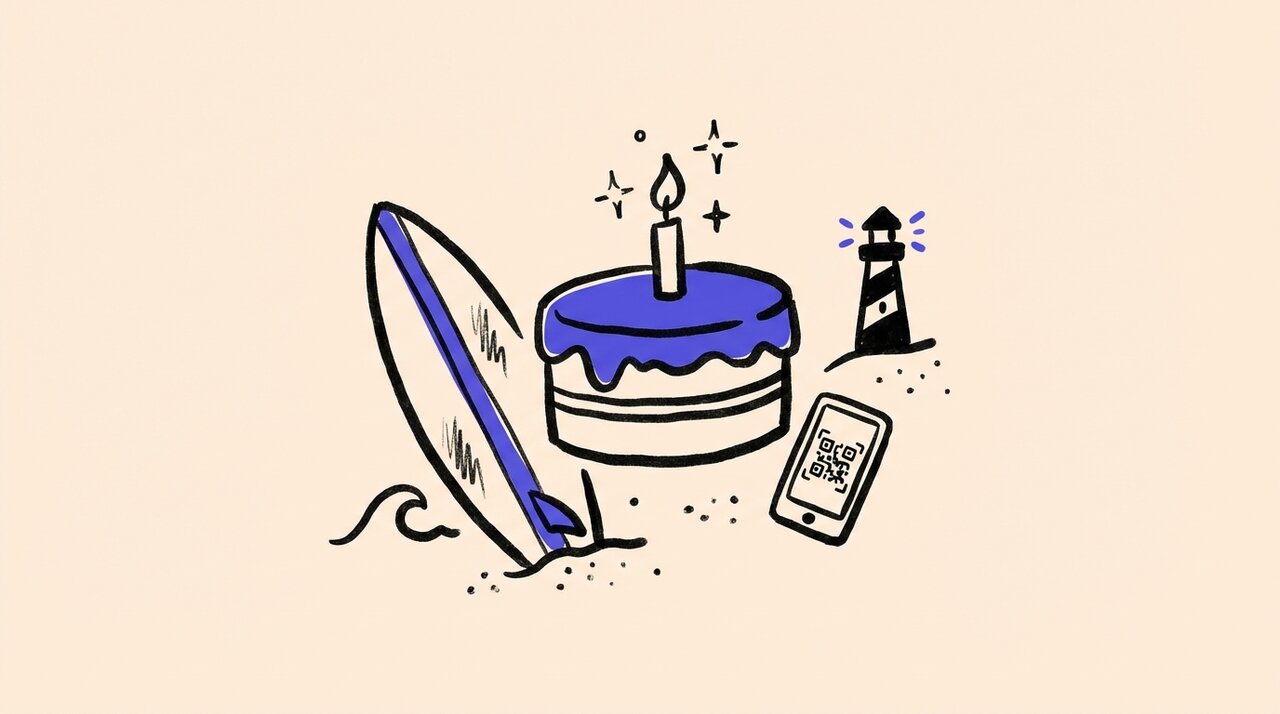 Doodle of a birthday cake, surfboard, lighthouse, and phone with QR code in black marker and blue accent