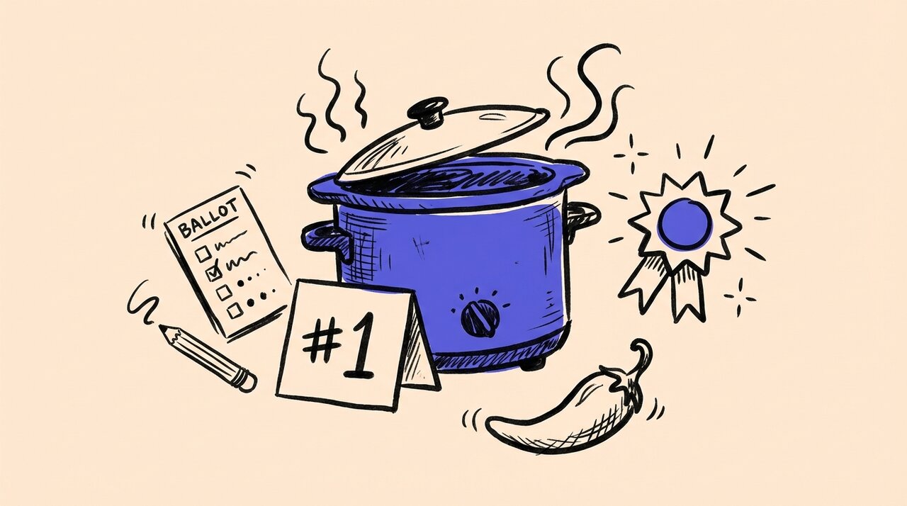 Hand-drawn doodle of chili cook-off props: slow cooker with steam, voting ballot, award ribbon, and chili pepper