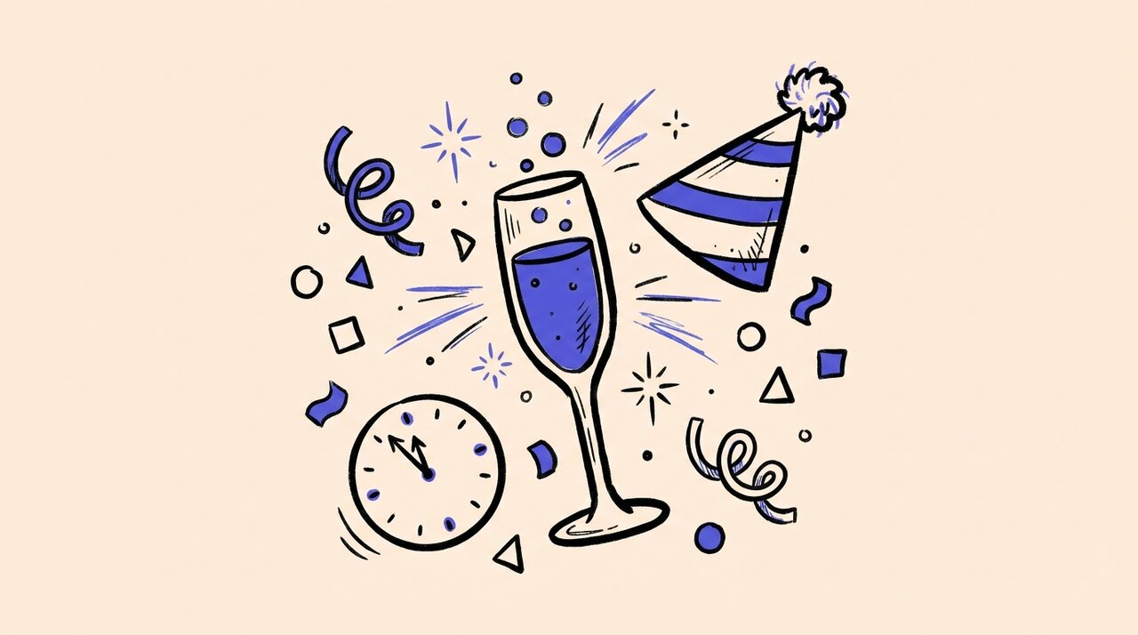 Hand-drawn doodle of champagne glass, party hat, and midnight clock with confetti and sparkle marks