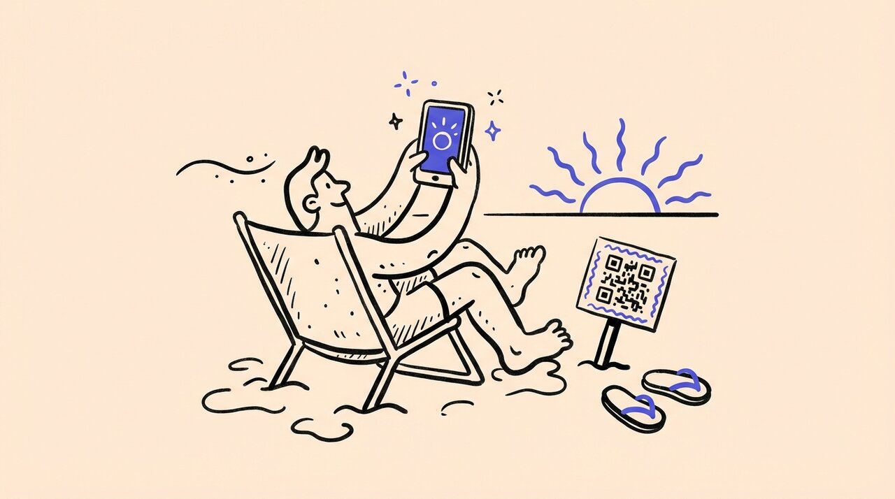 Hand-drawn doodle of a person in a beach chair holding a phone at sunset, with a QR code sign in the sand and flip-flops