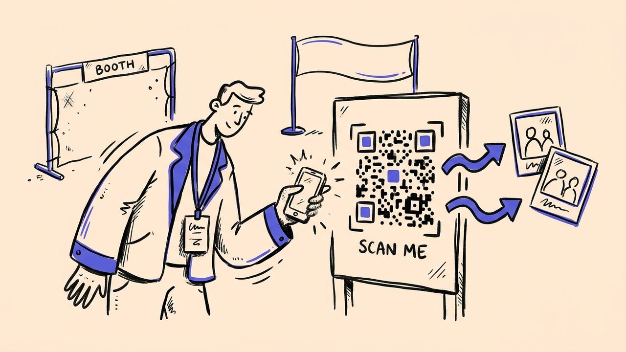Hand-drawn doodle of a conference attendee scanning a QR code booth sign with photo snapshots