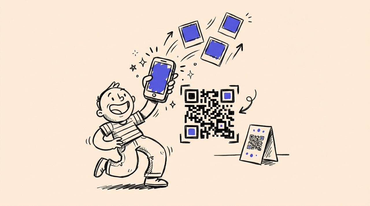 Hand-drawn doodle of a person scanning a QR code with a phone while photo frames float upward