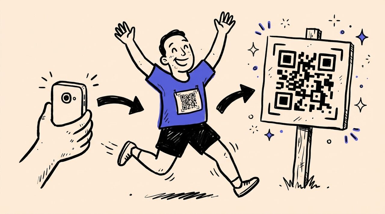 Doodle of a runner with a QR race bib, a QR sign post, and a hand holding a phone snapping photos