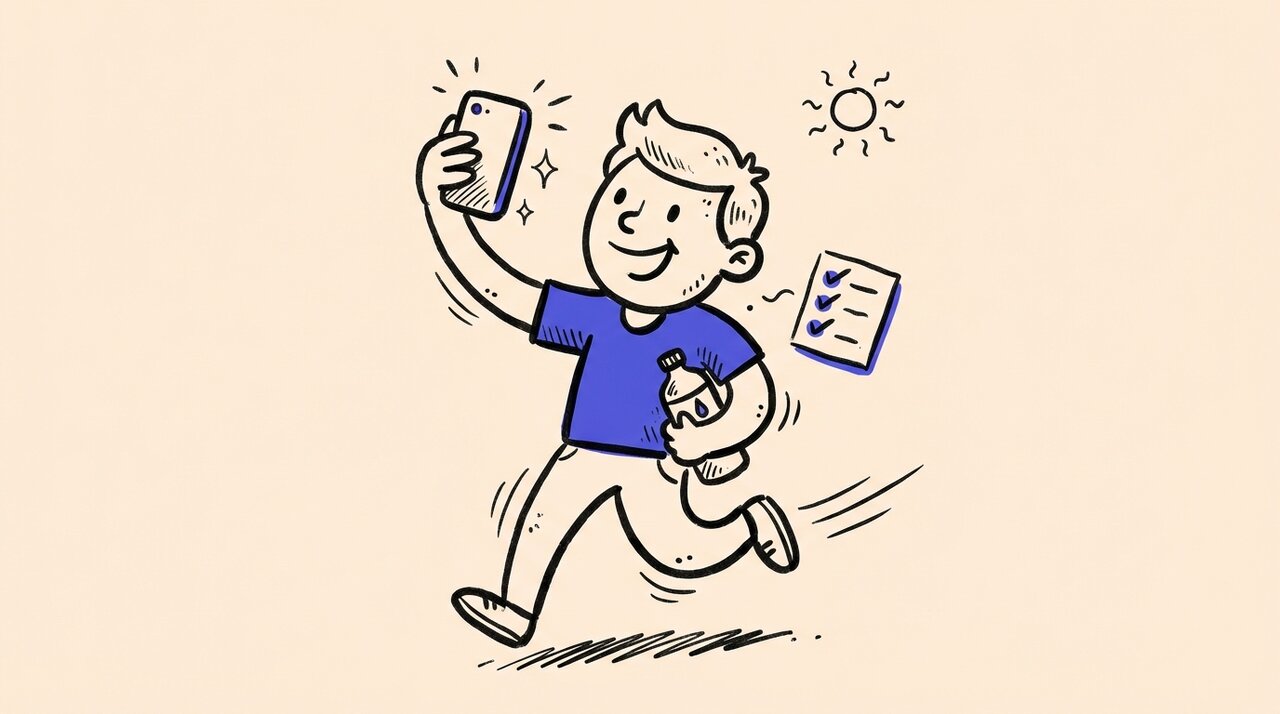 Doodle of a person hiking while snapping a phone selfie, with a checklist and water bottle