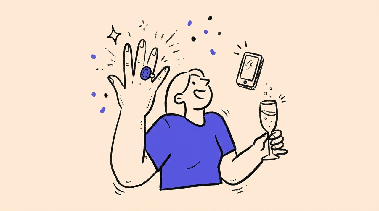 Hand-drawn doodle of a joyful figure showing off an engagement ring while holding champagne, with sparkles and a floating phone