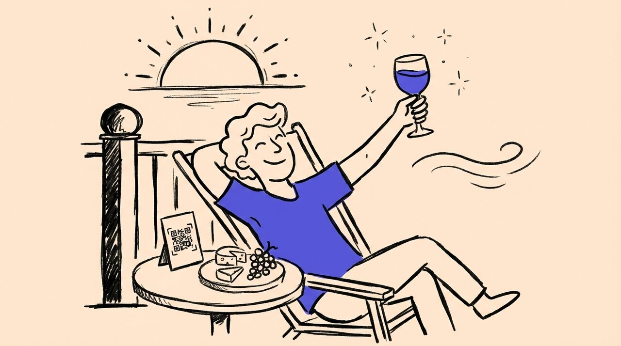 Hand-drawn doodle of a person relaxing on a deck chair holding a wine glass with a cheese board, QR code card, and setting sun