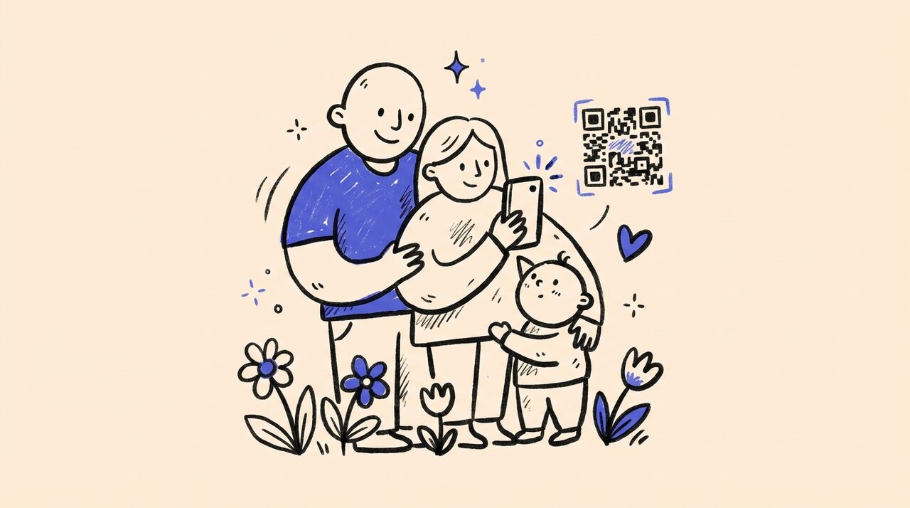 Hand-drawn doodle of a family of three with a phone, spring flowers, sparkles, and a QR code