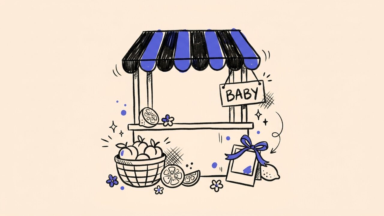 Hand-drawn baby shower market stand with fruit baskets, flowers, and a photo frame